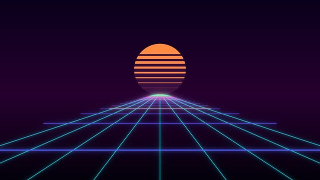 Retro neon grid landscape with glowing sun in 80s synthwave style