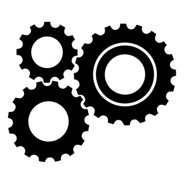 Three interlocking gears cogs mechanism icon, black silhouette vector illustration of industrial machinery wheels for teamwork, engineering process, and system optimization concept