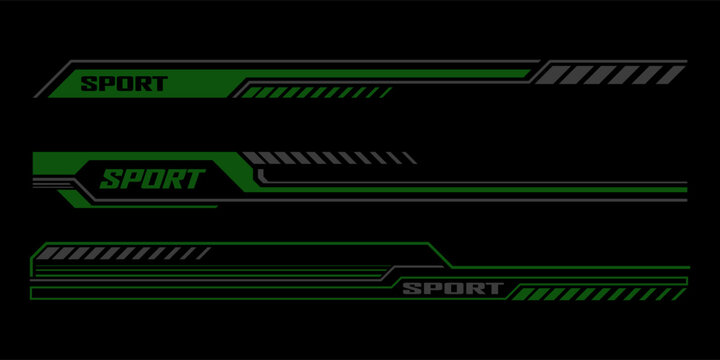 Racing sport car stickers and race line decals with checkered pattern, vector stripes. Auto art decals with car wheel, start or finish flag and red halftone racing pattern background for car stickers
