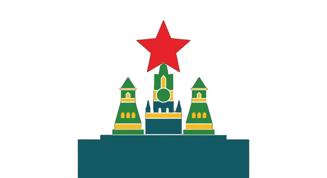 Colorful illustration of iconic Kremlin towers with red star.