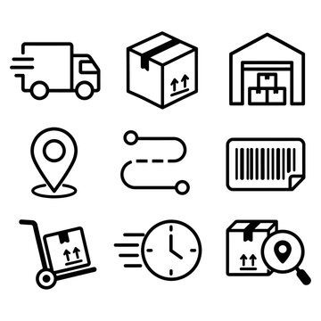 Logistics icons, delivery symbols, shipping labels, warehouse graphics, 9 icons set