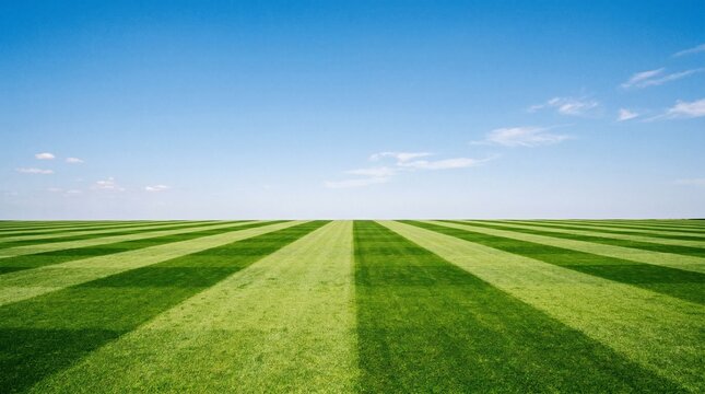 Vast green field with striking mowed stripes, creating a dynamic pattern stretching to the horizon under a brilliant blue sky. Serene and expansive natural landscape