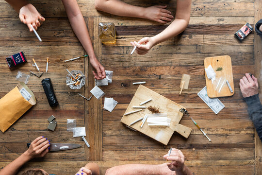Substance preparation on wooden table.