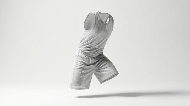 A white athletic tank top and shorts outfit presented in a clean, minimalist studio setting, appearing to float in mid-air