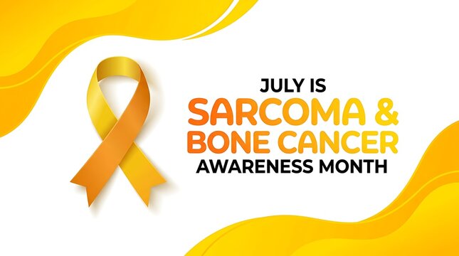 July is sarcoma and bone cancer awareness month with yellow orange ribbon, promoting education and support for research and treatment.
