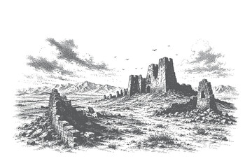 Fototapeta premium Antique line art vector illustration of medieval castle ruins and crumbling fortress walls across a historic landscape setting