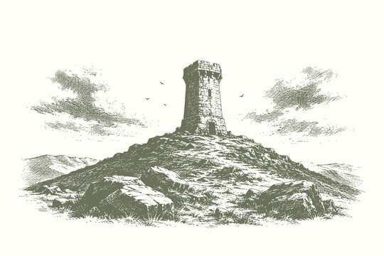 Detailed engraving style vector illustration of an ancient stone watchtower standing on a rugged hilltop historical landscape