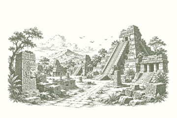 Fototapeta premium Antique engraving style vector illustration of a Mayan temple city with carved monuments and ancient architectural remains