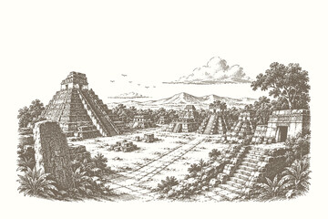 Fototapeta premium Detailed line art vector illustration of ancient Mayan pyramids and ceremonial grounds in a historic archaeological landscape