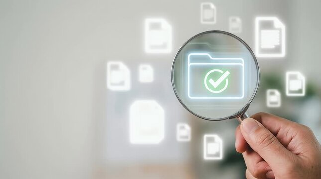 Hand holding magnifying glass revealing folder with checkmark icon among floating file documents