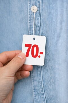 A person holding a tag with the number 70, suitable for various applications