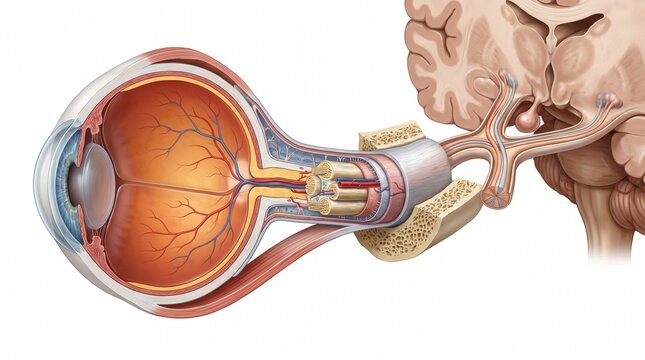 Anatomical illustration showing the human eye structure connected to the brain visual cortex.