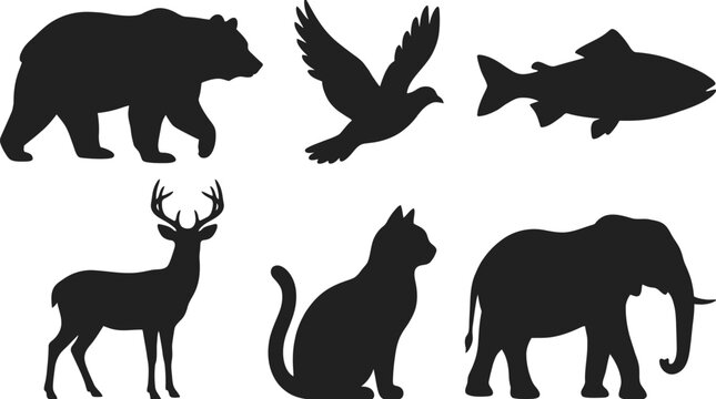 Black silhouettes of animals including bear, bird, fish, deer, cat, and elephant.