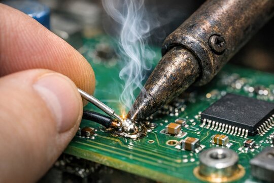 A person uses a soldering tool on a circuit board, ideal for tech-related use