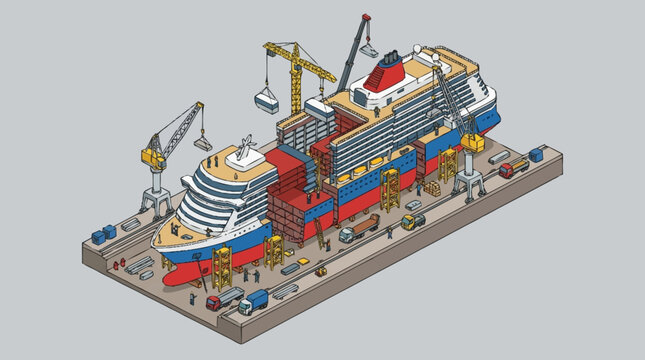 Cruise ship construction at a dockyard.