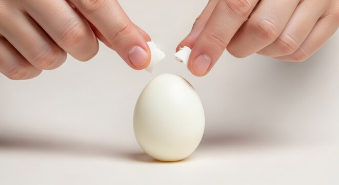 Close up of hands peeling a perfectly boiled white egg, revealing its smooth interior