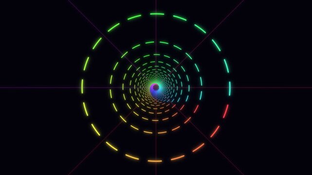 Rainbow neon dashed tunnel motion graphics background