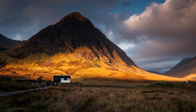 Dramatic Golden Light On The Dark Moody Mountain Landscape Of Buachaille Etive Mor With A Distant Blackrock Cottage At Glencoe In The Scottish Highlands Scotland