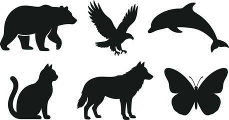 Obraz premium Silhouettes of various animals including bear, eagle, dolphin, cat, wolf, and butterfly in profile against a white background.