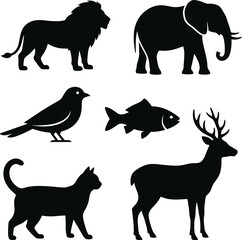 Fototapeta premium A collage of six animal silhouettes including lion, elephant, bird, fish, deer, and cat.