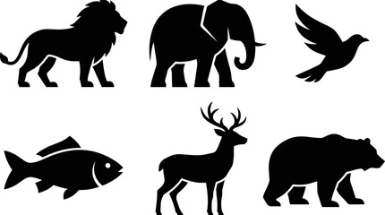 Obraz premium Various animal silhouettes walk and fly in a wildlife scene with lion, elephant, bird, fish, deer, and bear.