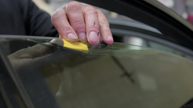 Automotive specialist carefully applying a protective tinting film to a car's side window glass, using a yellow squeegee to smooth out the surface and remove any bubbles for a perfect finish