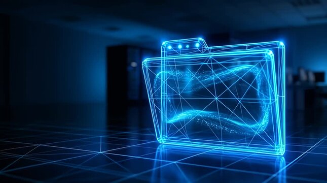 Glowing neon wireframe folder with network connections in dark digital space