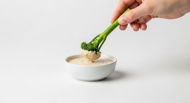 Hand holding broccolini stalk dipping into creamy tahini sauce in a white bowl