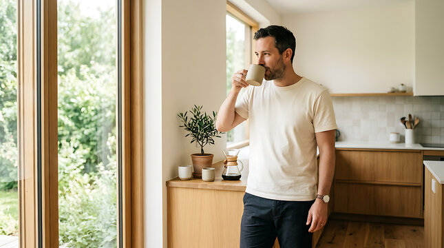 Man standing in a modern bright kitchen with wooden interior drinking a hot beverage and looking through the window at the garden, peaceful home life.
