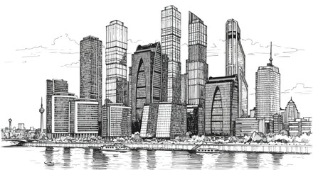Fototapeta premium Modern City Skyline Riverfront Vector Illustration Hand Drawn Style