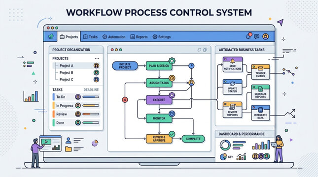 Workflow process control system on screen.