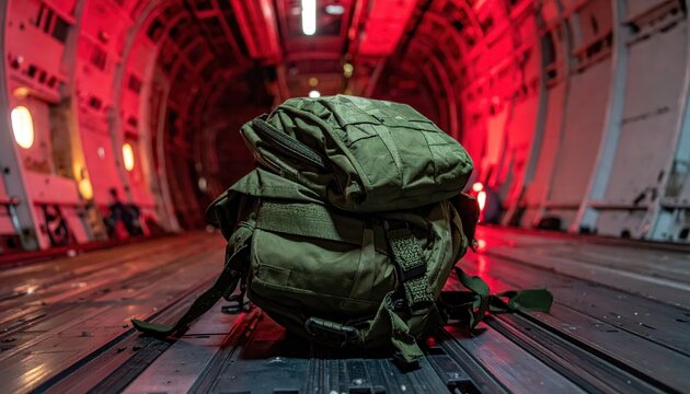Military parachute pack neatly folded and ready for a jump inside a dimly lit cargo aircraft.