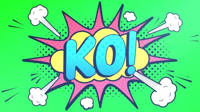 KO exclamation sign features bold comic book style typography inside a jagged colorful speech bubble with explosive smoke clouds on a vivid green background to emphasize action and intensity.
