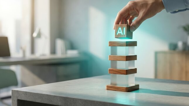 Hand places AI block onto stack of intelligence building blocks