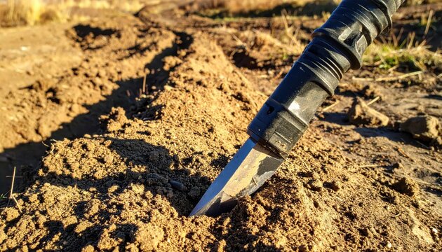 Military issue entrenching tool with sharpened edge stuck into the dirt ground