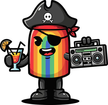 Colorful Pirate Character Holding Boombox and Cocktail Glass.