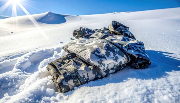 Military Issue Snow Camouflage Pants and Jacket Laid Out Amidst Snowy Winter Landscape