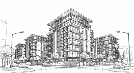 Fototapeta premium Modern Apartment Building Architectural Sketch Vector Illustration