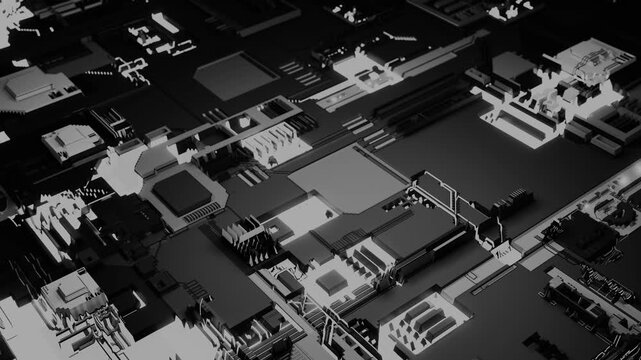 The animated microchip circuit reveals a complex network of glowing connections and geometric shapes. The animation conveys an atmosphere of high technology and cyberspace.