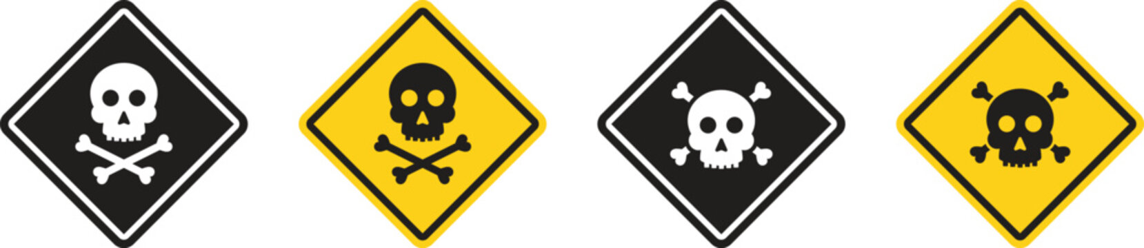 Four yellow warning signs with black skull and crossbones symbols vector illustration
