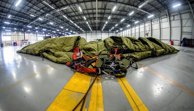 Military parachute and complex harness laid out neatly on the floor of a hangar for preparation