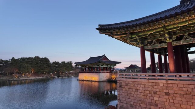 Donggung Palace and Wolji Pond Illuminated at Dusk in Gyeongju, South Korea