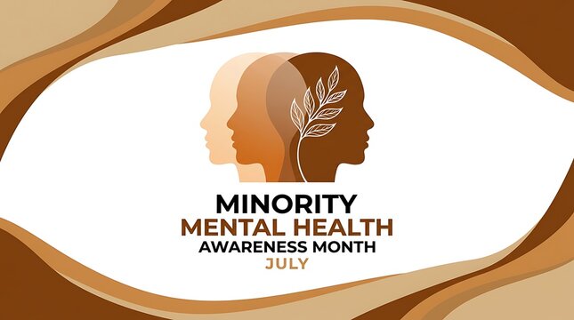 Minority mental health awareness month july diverse profiles with evolving skin tones and nature elements representing unity and wellbeing.
