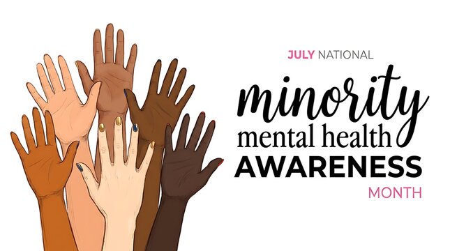 National minority mental health awareness month july diverse hands reaching up showing unity and support in solidarity for mental wellbeing.