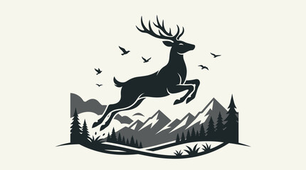 Deer silhouette in snowy forest winter nature illustration vector wildlife stag elk reindeer Christmas holiday icon design © Malkis