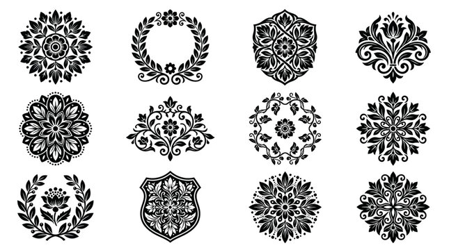 Black silhouette set of trees and plants with floral and snowflake elements seamless vector pattern for winter christmas decoration
