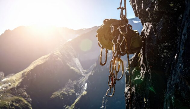 Military rappelling harness with carabiners and rope attached, hanging from a rocky mountain cliff face.