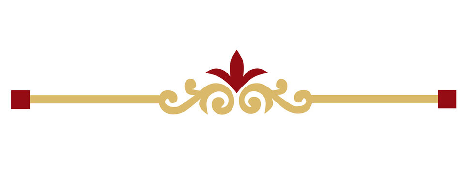 Elegant divider with red and gold accents. Curved motif centers above a horizontal bar