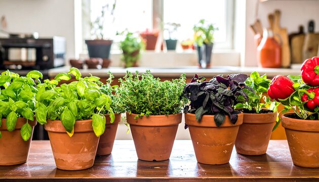 Row of terracotta pots with herbs on a kitchen counter