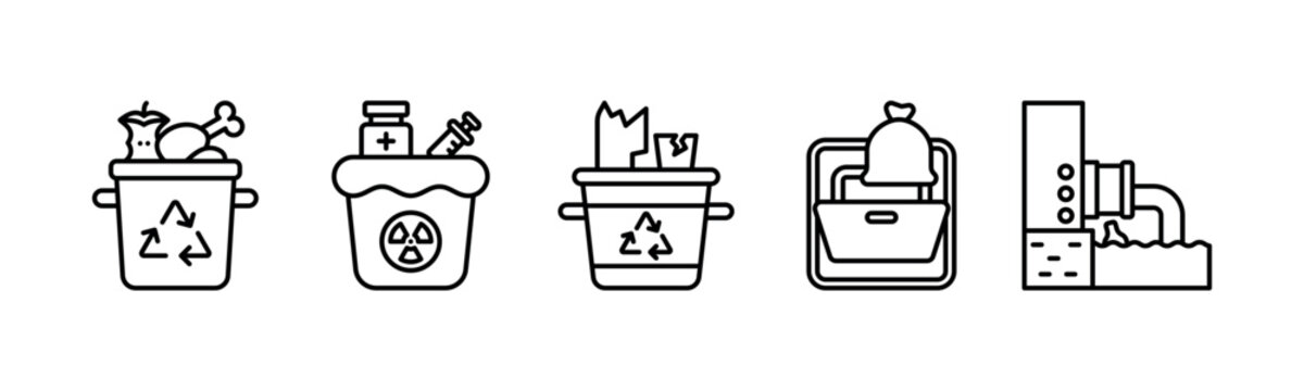 Sustainable Waste Reduction and Recycling System icon line illustration. Food Waste Reduction, Medical Waste Disposal, Glass Recycling, Garbage Chute and Eco Friendly Disposal